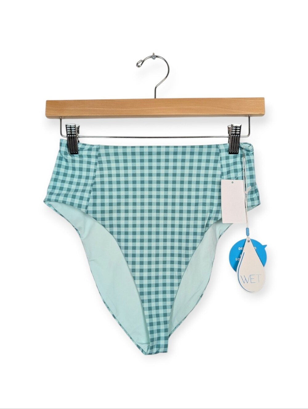 WET Swimwear High Waist Swim Bottom M Teal Jade Gingham Bikini Bottom NWT